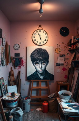 An art studio filled with creative chaos, painted in soft, pale colors that evoke a sense of sadness