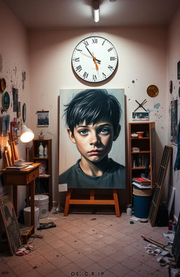 An art studio filled with creative chaos, painted in soft, pale colors that evoke a sense of sadness