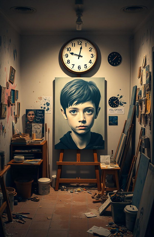 An art studio filled with creative chaos, painted in soft, pale colors that evoke a sense of sadness
