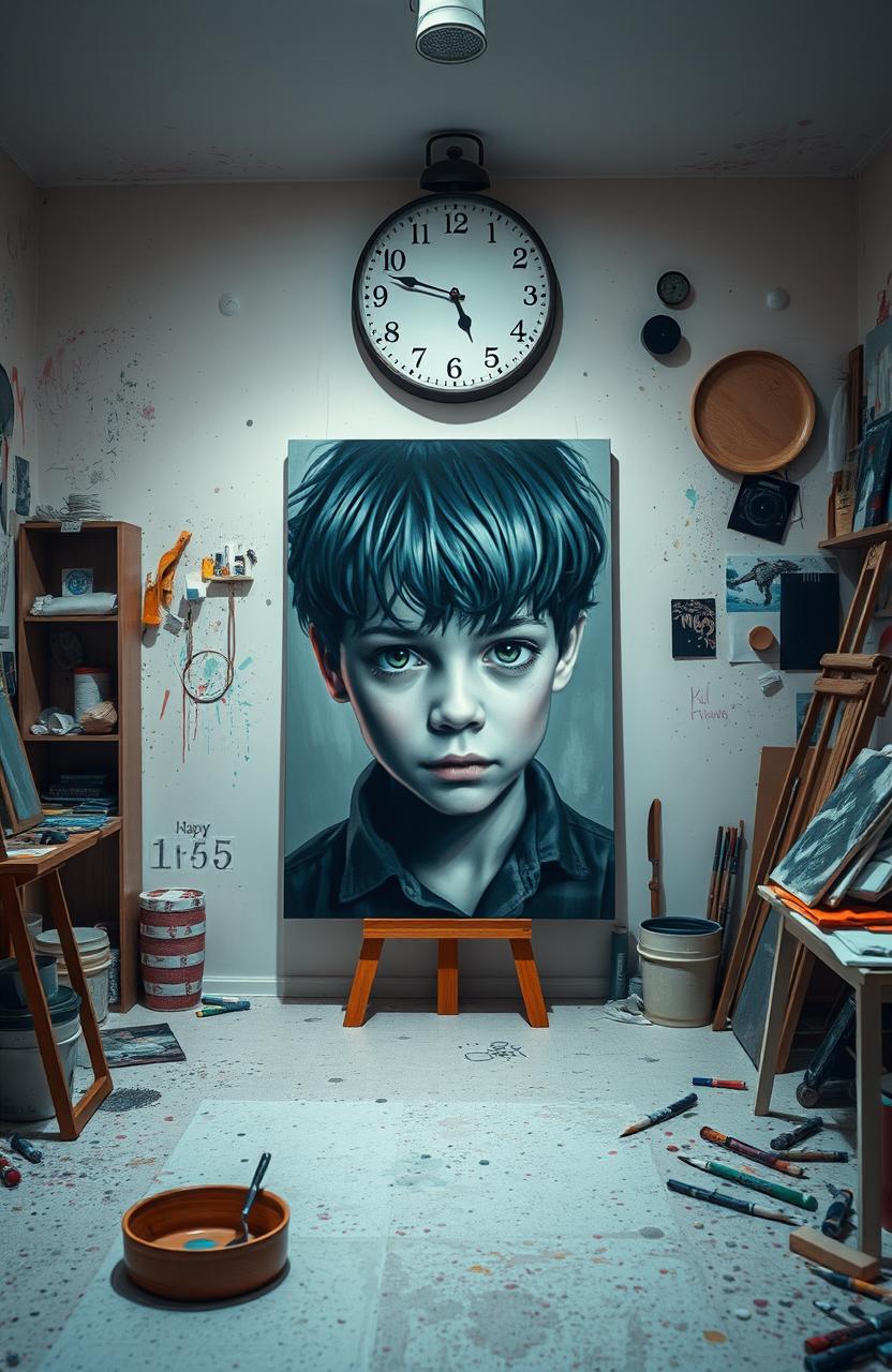 An art studio filled with creative chaos, painted in soft, pale colors that evoke a sense of sadness