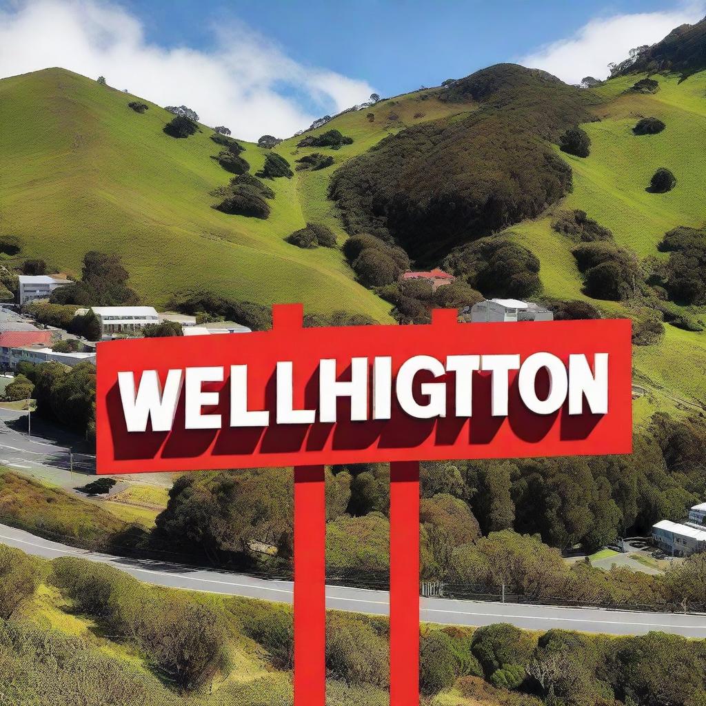 The Wellington city sign, styled like the iconic Hollywood sign, adorned with a large Santa hat on its top.