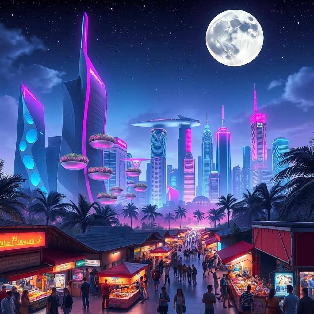 A futuristic city skyline at night, illuminated by vibrant neon lights in shades of blue, pink, and violet