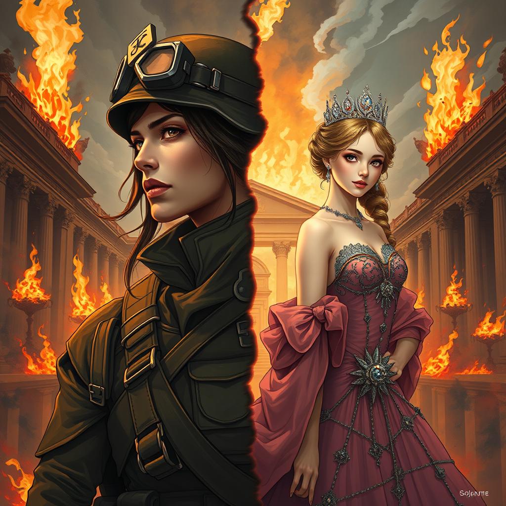 An evocative illustration capturing a single figure with a split personality: the left half is a hardened veteran female soldier, with a fierce expression and clad in military gear, showcasing her experienced and battle-hardened nature