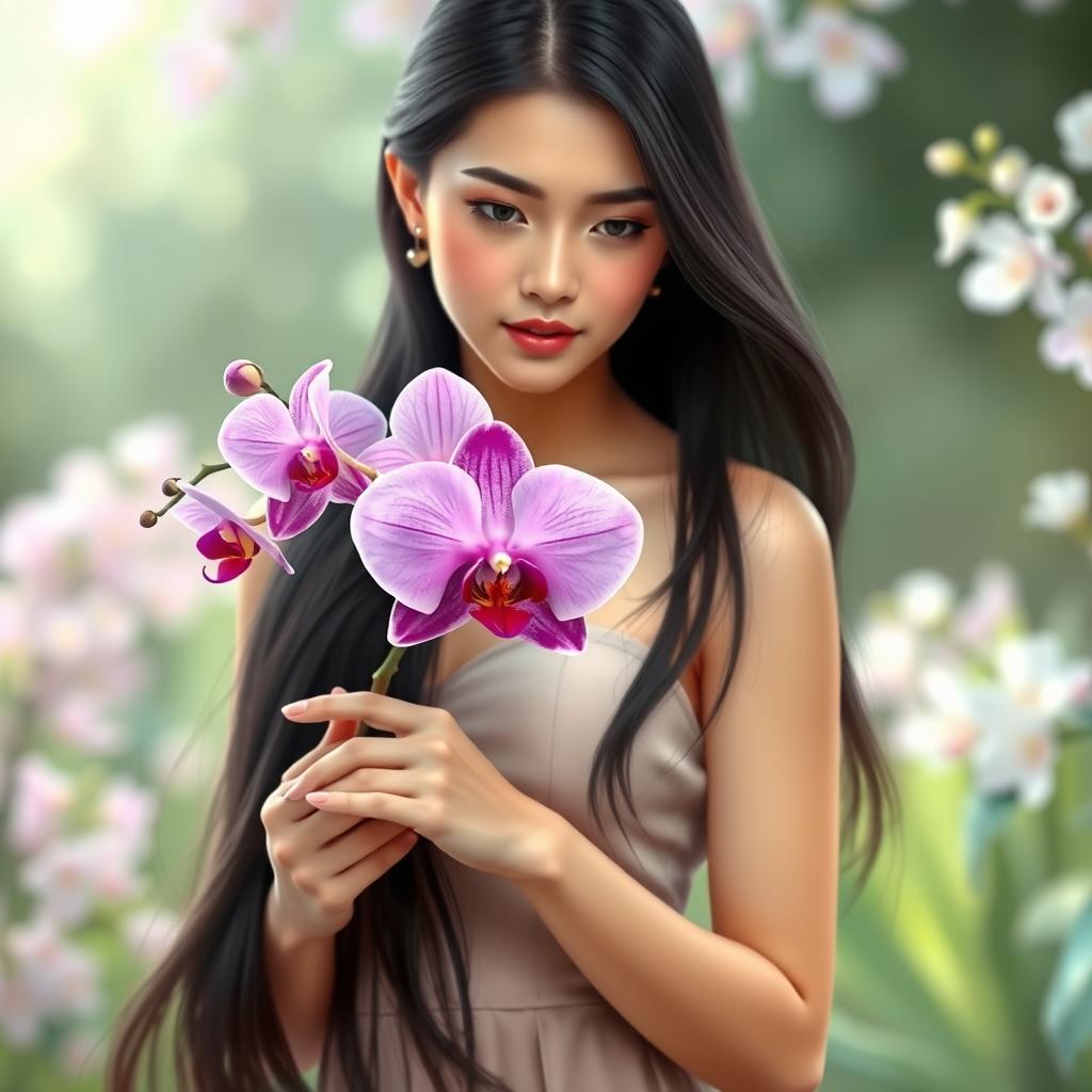 An exquisite art piece featuring an Asian female gracefully holding a vibrant orchid