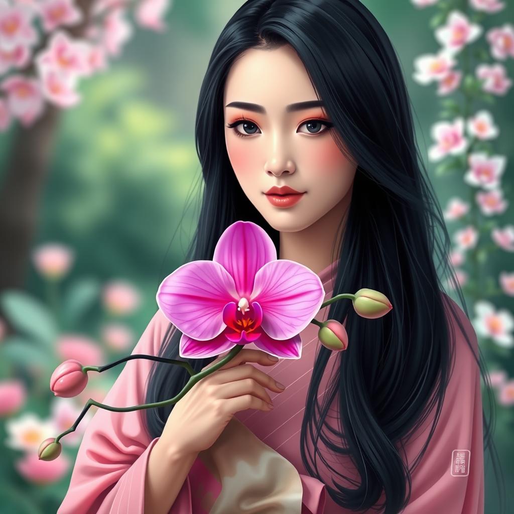 A stunning art piece depicting an Asian female gracefully holding a vibrant orchid