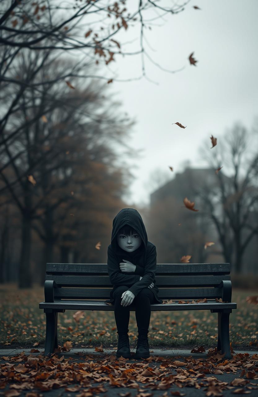 A melancholic scene depicting a lonely figure sitting on a park bench under a gray sky, with autumn leaves gently falling around them