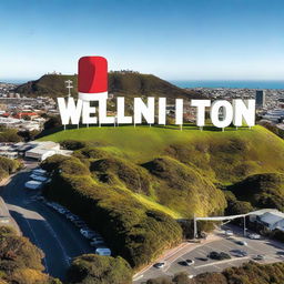 The Wellington city sign, styled like the iconic Hollywood sign, adorned with a large Santa hat on its top.