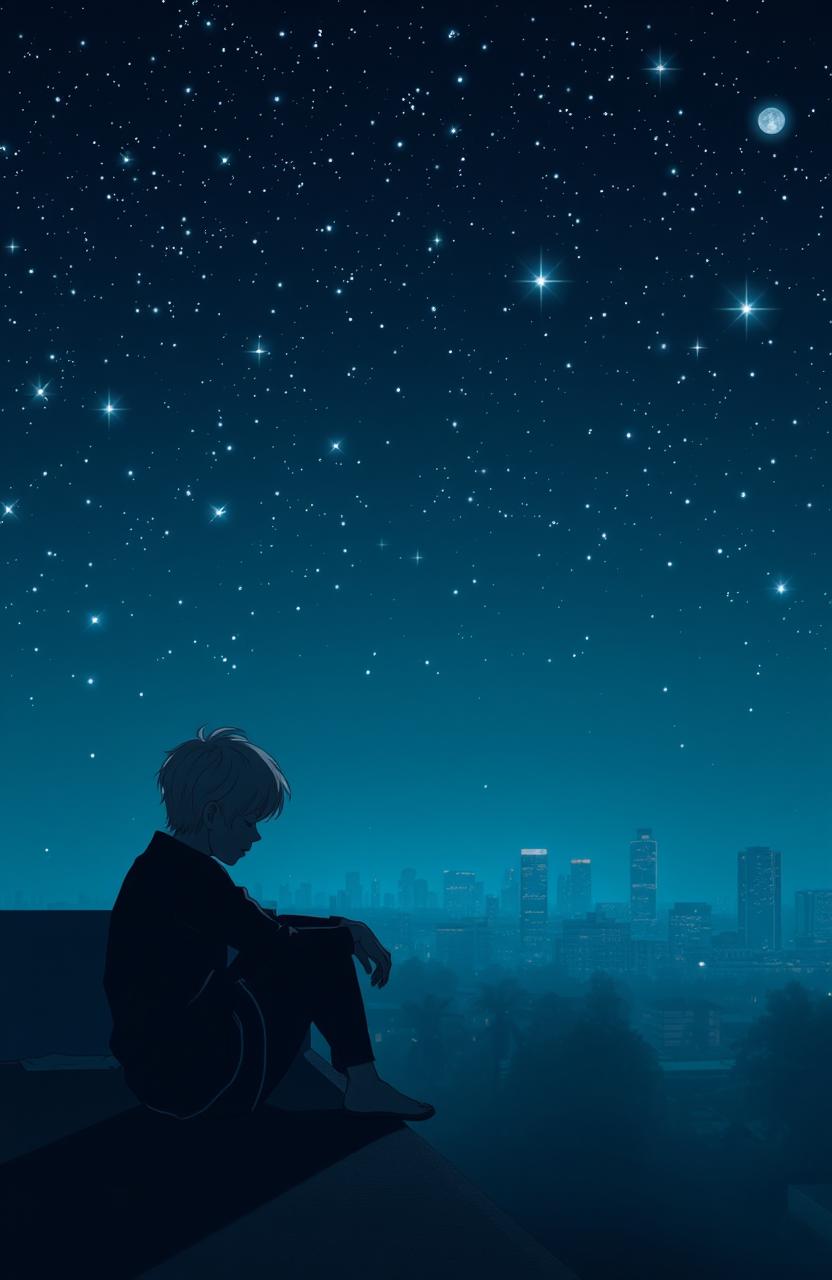 A night scene depicting a person sitting on a rooftop, gazing at the sky filled with bright, shiny stars