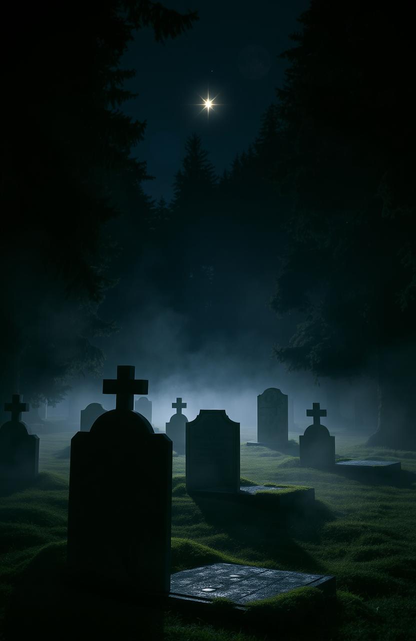 A nighttime scene in a serene graveyard surrounded by a dark forest, illuminated by a shiny star in the sky