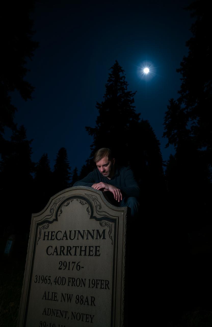 A man sitting alone on a weathered tombstone in a dimly lit graveyard, his expression reflecting sadness and contemplation
