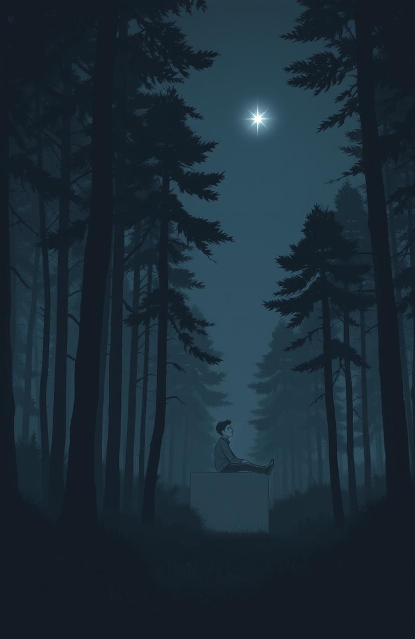 A lone man sitting in a quiet forest at night, surrounded by tall trees and a sense of melancholy