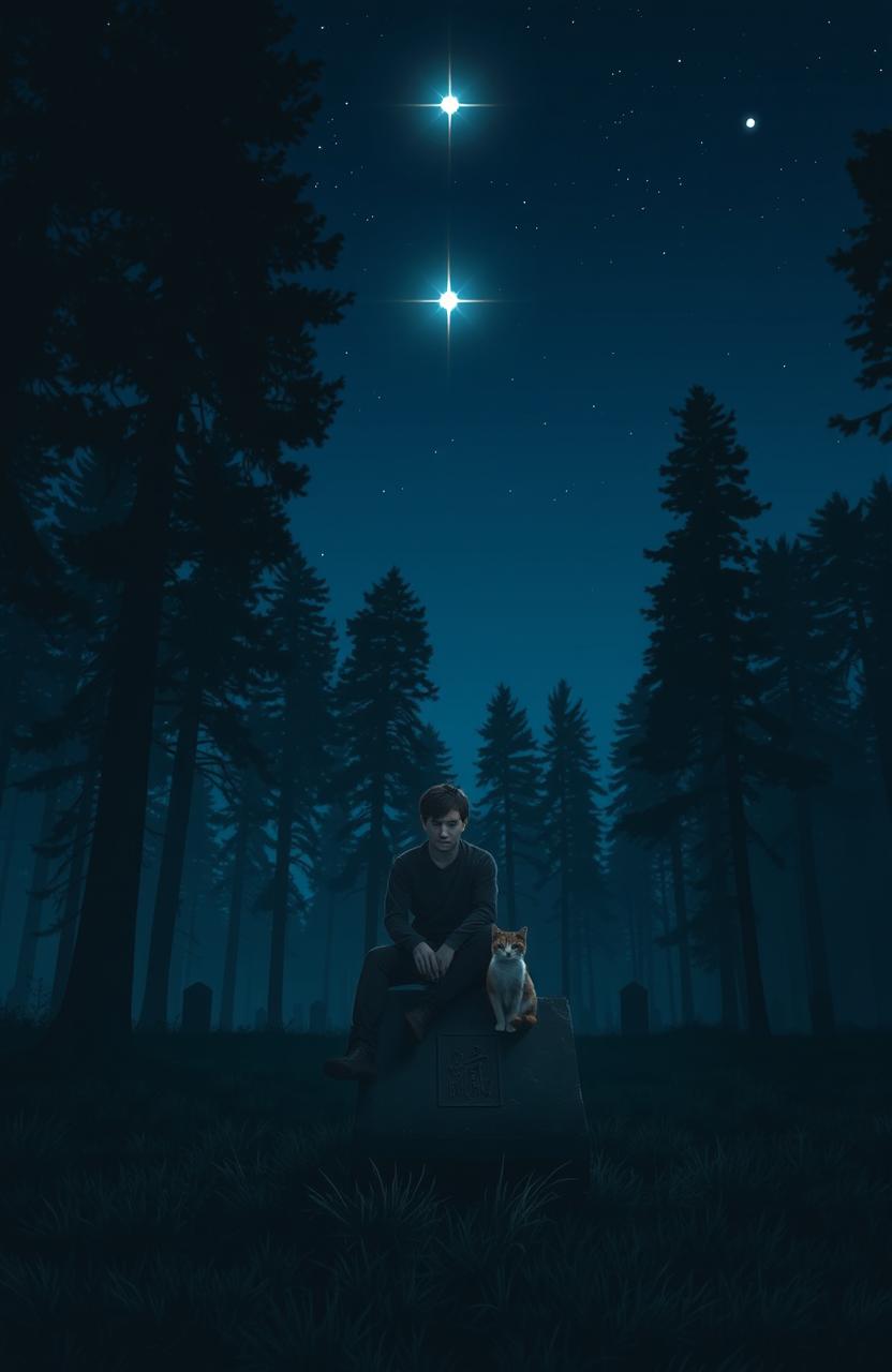 A solitary man sitting on a gravestone in a serene forest cemetery at night, reflecting a mood of sadness and contemplation