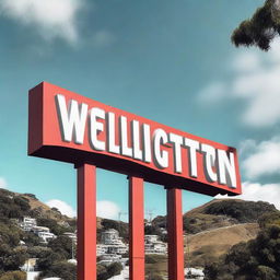 The Wellington city sign, styled like the iconic Hollywood sign, adorned with a large Santa hat on its top.