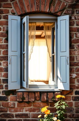 A close-up view of a vintage window set into an old, weathered brick wall