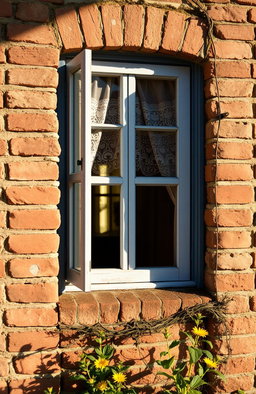 A close-up view of a vintage window set into an old, weathered brick wall