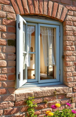 A close-up view of a vintage window set into an old, weathered brick wall