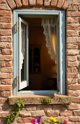 A close-up view of a vintage window set into an old, weathered brick wall