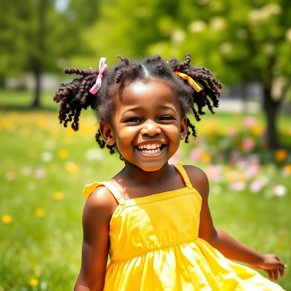 A joyful young black girl, around 7 years old, laughing heartily, with a beaming smile that shows her delight