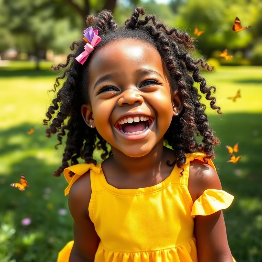 A joyful black girl laughing exuberantly, her eyes sparkling with excitement