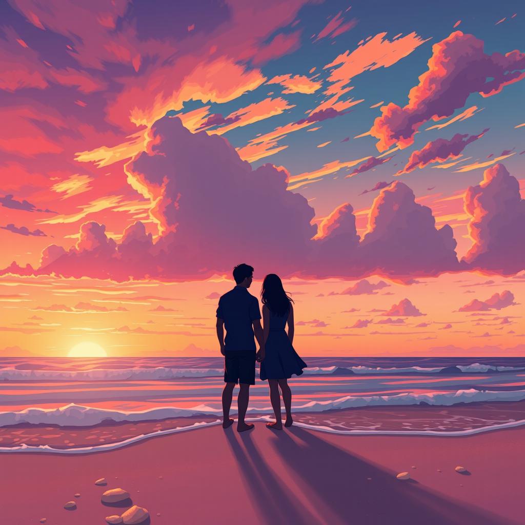 An illustration of a serene sunset at a tranquil beach, where the sky is filled with vibrant hues of orange, pink, and purple