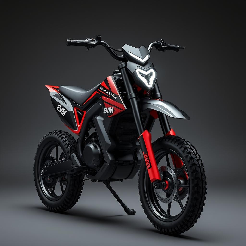 A unique electric pit bike with sharp contours and a sleek yet strict design, featuring a fashionable and modern aesthetic in black and red colors