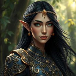 A beautiful Middle Eastern elf with long black hair flowing elegantly around her shoulders