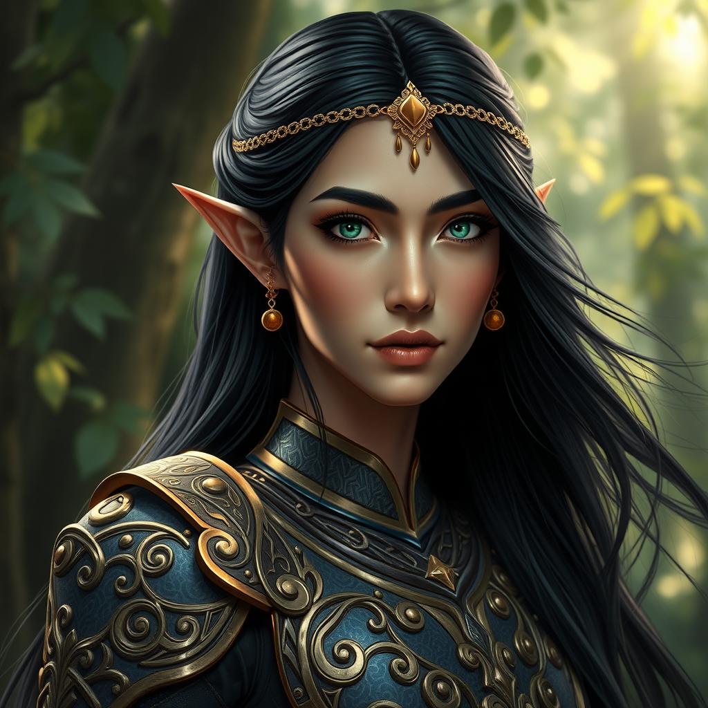 A beautiful Middle Eastern elf with long black hair flowing elegantly around her shoulders