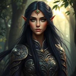 A beautiful Middle Eastern elf with long black hair flowing elegantly around her shoulders