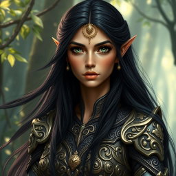 A beautiful Middle Eastern elf with long black hair flowing elegantly around her shoulders