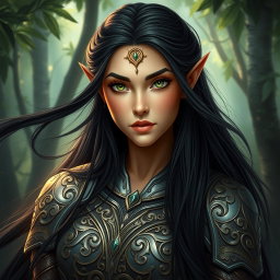 A beautiful Middle Eastern elf with long black hair flowing elegantly around her shoulders
