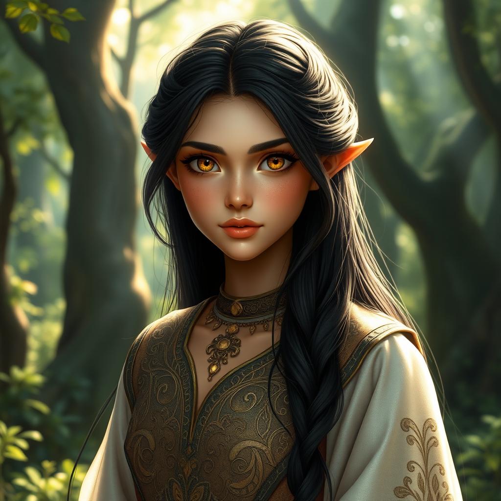 A beautiful Middle Eastern girl with striking yellow eyes, a round face, and long black hair