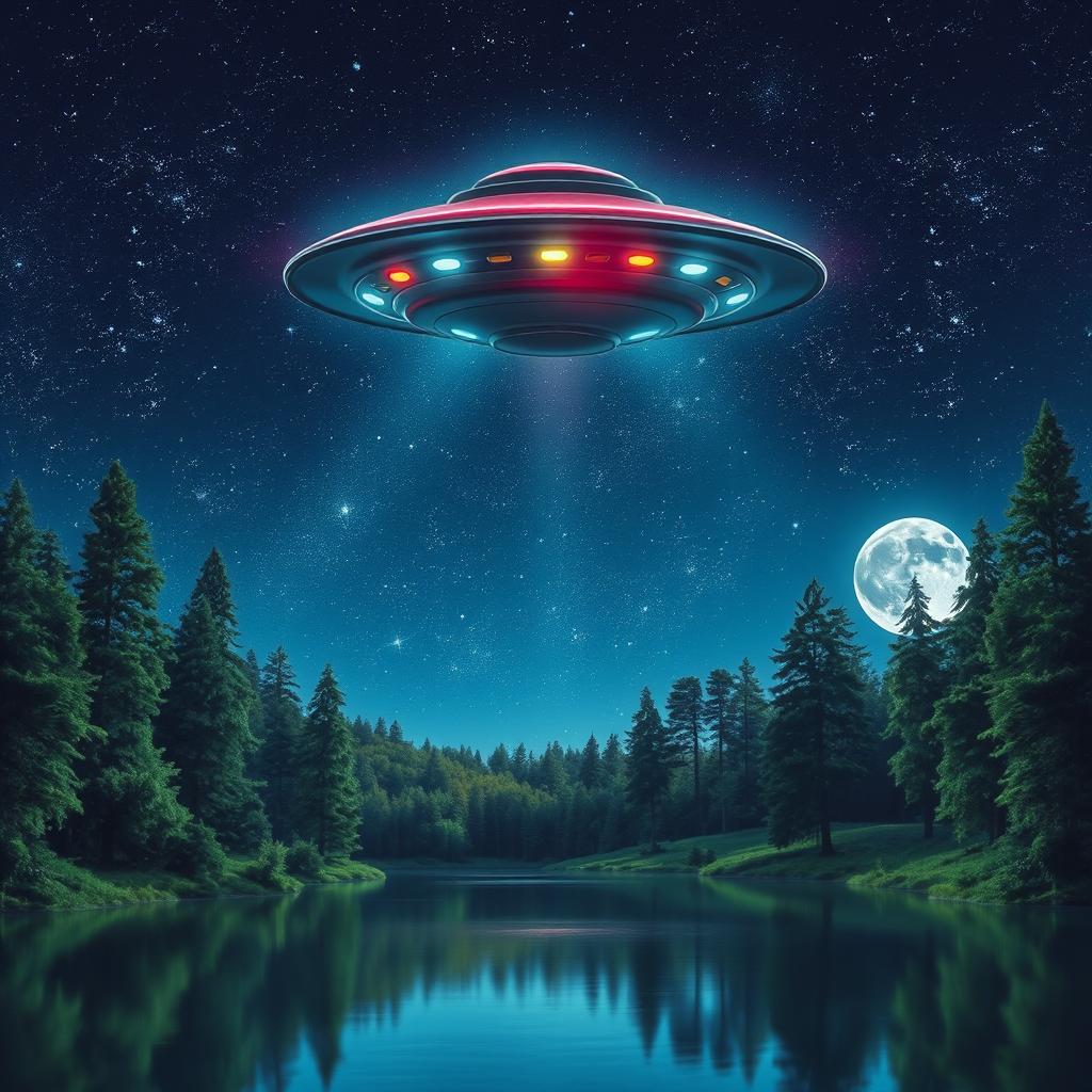 A stunning depiction of a UFO hovering in a starry night sky over a serene landscape
