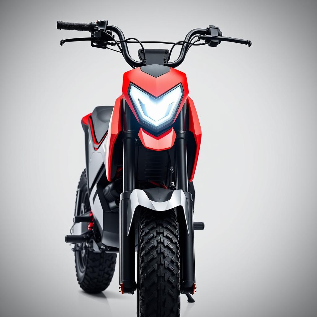 A unique electric pit bike with sharp contours and a sleek yet refined design, showcasing a modern and fashionable aesthetic in bold black and red colors