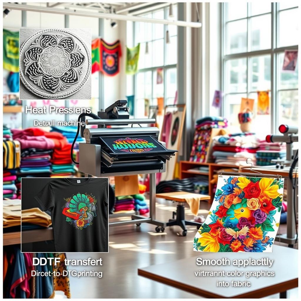 A creative and vibrant design showcasing various types of decorating methods used in textile art, including detailed embroidery techniques with intricate stitching patterns, a heat press machine in action applying colorful designs to fabrics, direct-to-garment (DTG) printing displaying a vivid and complex graphic on a shirt, and a DTF (direct-to-film) transfer process illustrating a smooth application of vibrant color graphics onto fabric