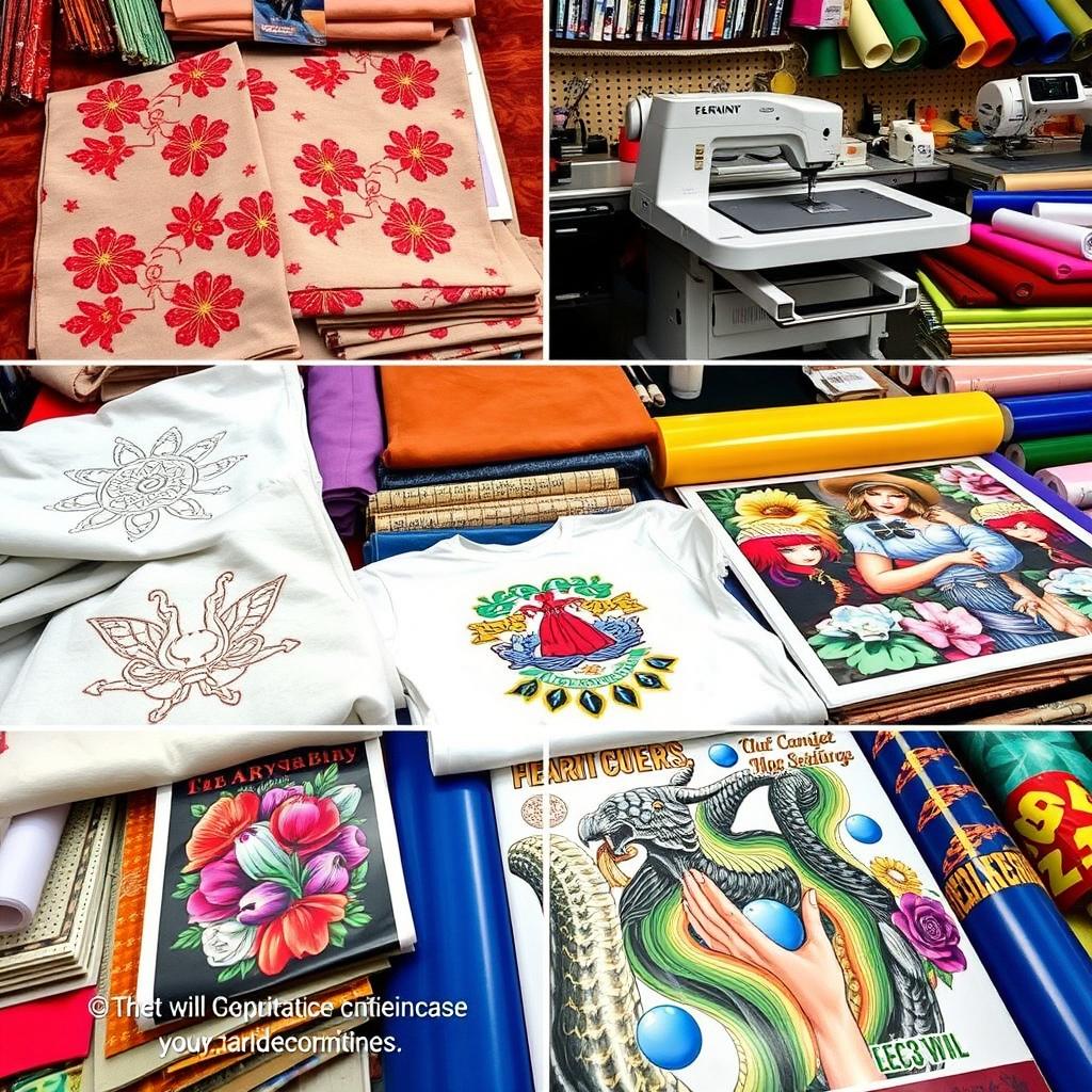 A detailed and vibrant showcase of various fabric decorating methods including embroidery, heat press, direct-to-garment printing (DTG), and direct-to-film printing (DTF)