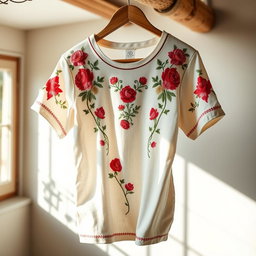 A fashionable and artistic embroidery t-shirt with intricate floral designs, vibrant colors, and a relaxed fit