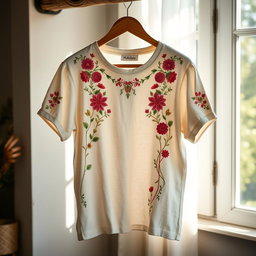 A fashionable and artistic embroidery t-shirt with intricate floral designs, vibrant colors, and a relaxed fit