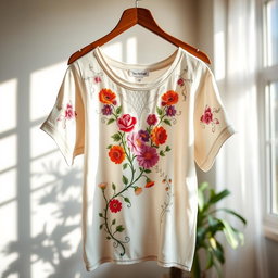 A fashionable and artistic embroidery t-shirt with intricate floral designs, vibrant colors, and a relaxed fit