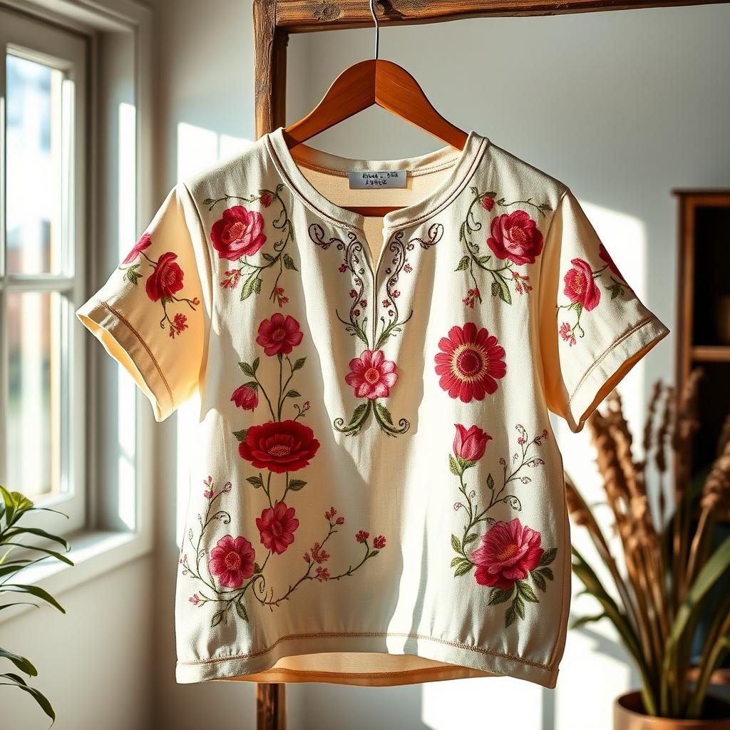 A fashionable and artistic embroidery t-shirt with intricate floral designs, vibrant colors, and a relaxed fit