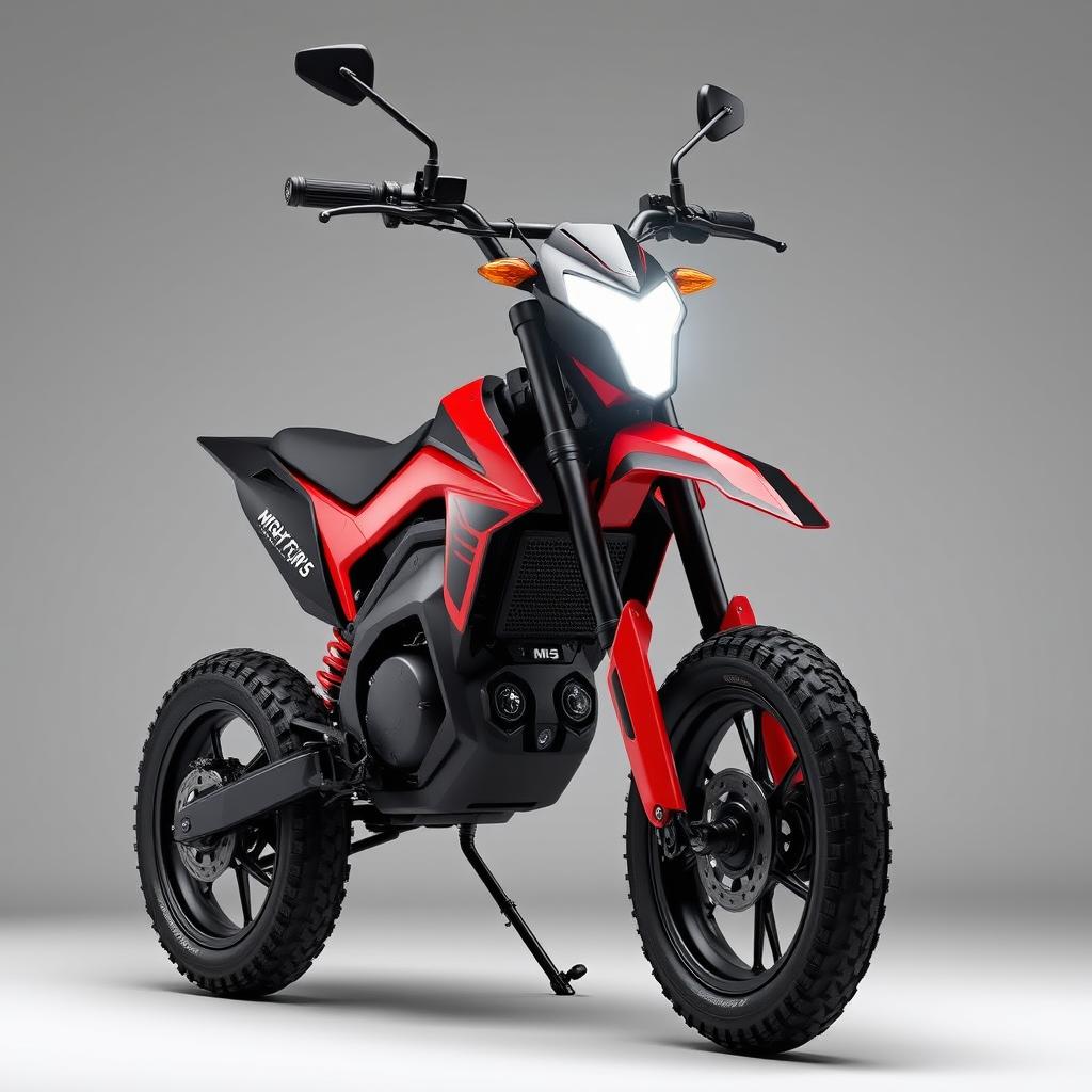 A unique electric pit bike with sharp contours and a sleek yet strict design, showcasing a fashionable and modern aesthetic in striking black and red colors