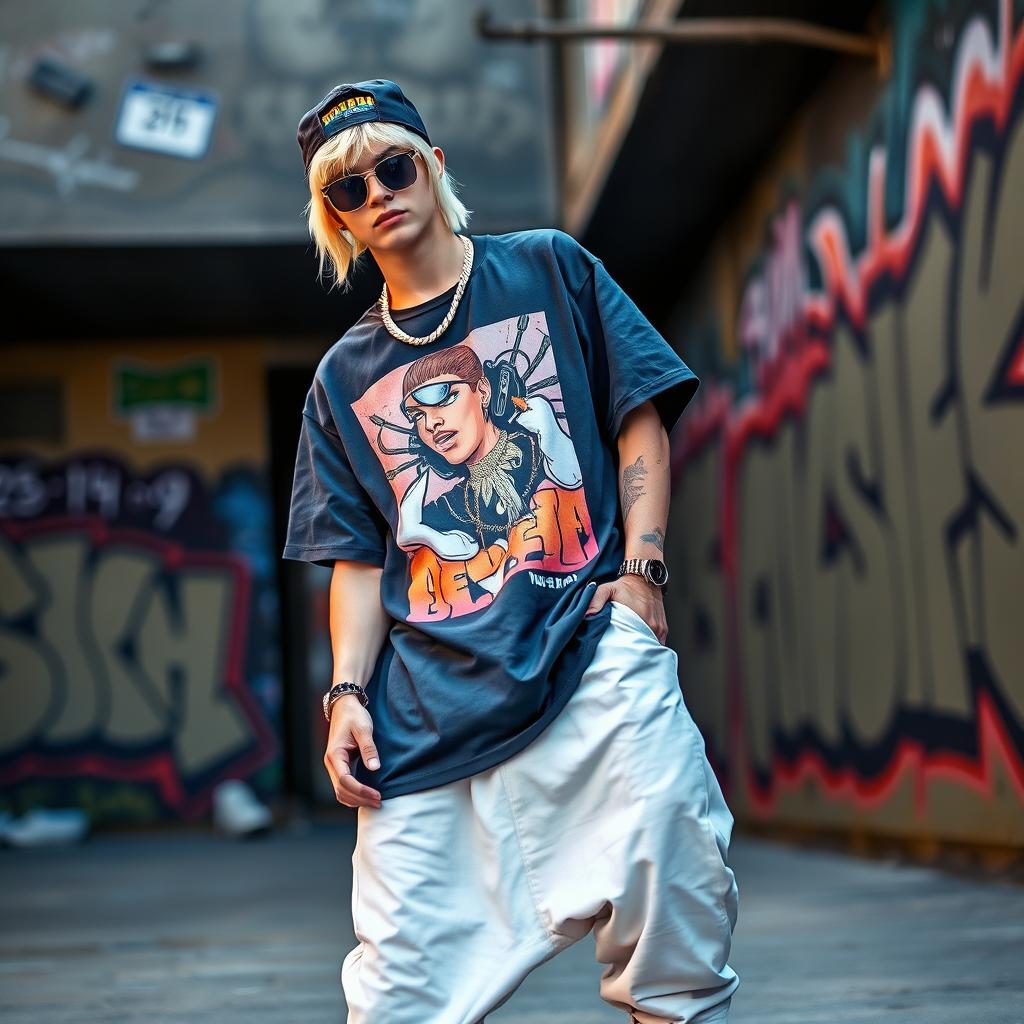 A young blonde man, 25 years old, dressed like a hip hop singer, showcasing a stylish streetwear outfit featuring a large graphic t-shirt, baggy pants, and trendy sneakers