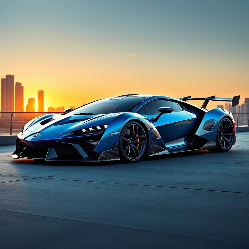A luxurious and futuristic supercar design that creatively combines elements from the Lamborghini Aventador SVJ, Pagani Huayra, Bugatti Chiron, and Koenigsegg Jesko