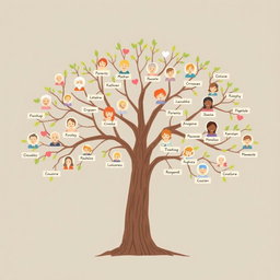 An illustrated family tree showcasing Leatitia's extended family, branching out to include grandparents, parents, aunts, uncles, cousins, and children