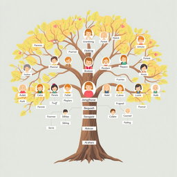 An illustrated family tree showcasing Leatitia's extended family, branching out to include grandparents, parents, aunts, uncles, cousins, and children