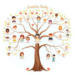 An illustrated family tree showcasing Leatitia's extended family, branching out to include grandparents, parents, aunts, uncles, cousins, and children