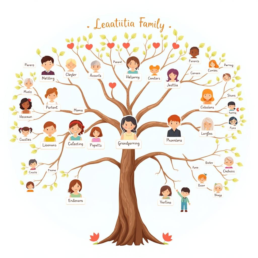 An illustrated family tree showcasing Leatitia's extended family, branching out to include grandparents, parents, aunts, uncles, cousins, and children