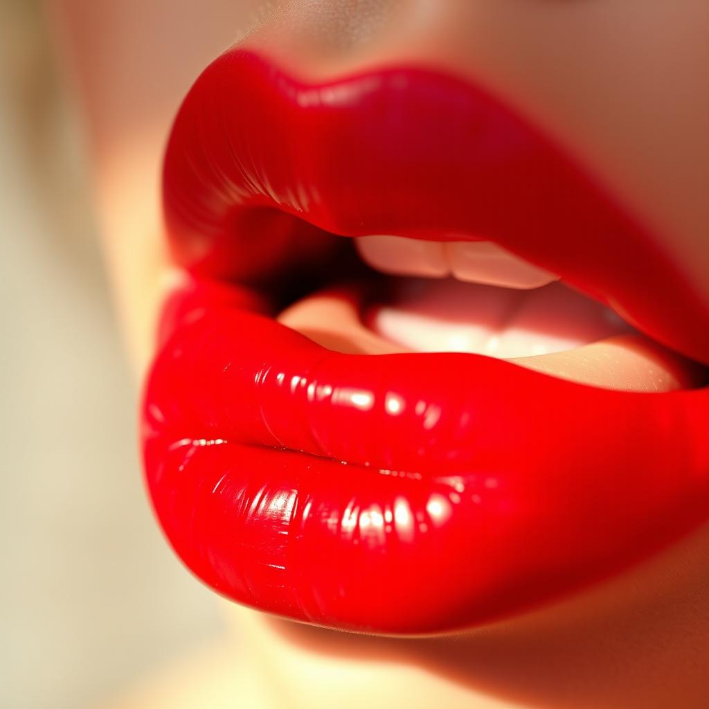 A close-up of a pair of luscious, red lips, perfectly shaped and glossy, highlighting their rich crimson color and soft texture