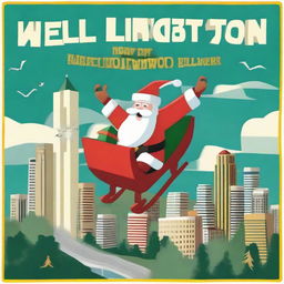 Santa Claus with his sleigh flying over the Wellington city sign, stylised like the Hollywood sign, with a giant Santa hat on top.