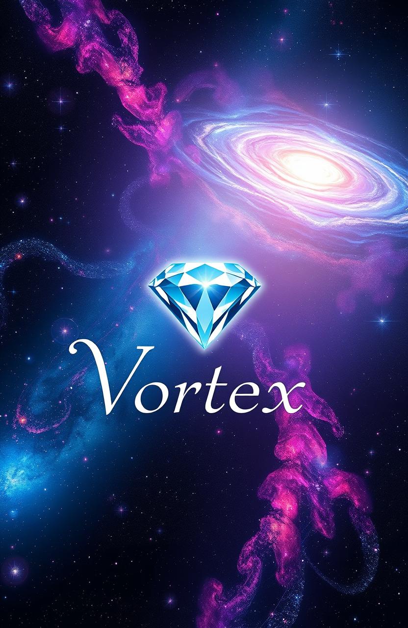 A cosmic universe featuring galaxies swirling in vibrant colors with a stunning diamond center