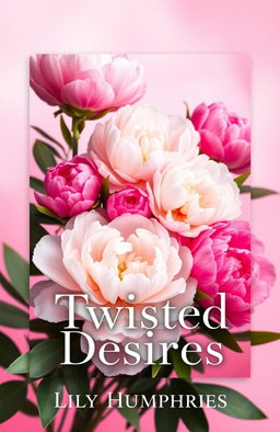 A book cover design titled 'Twisted Desires', featuring a stunning arrangement of peony flowers in various shades of pink and white, symbolizing beauty and desire